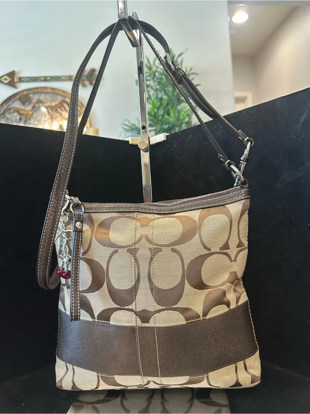 Coach #340 Stripe Brown Signature Canvas and Leather Crossbody